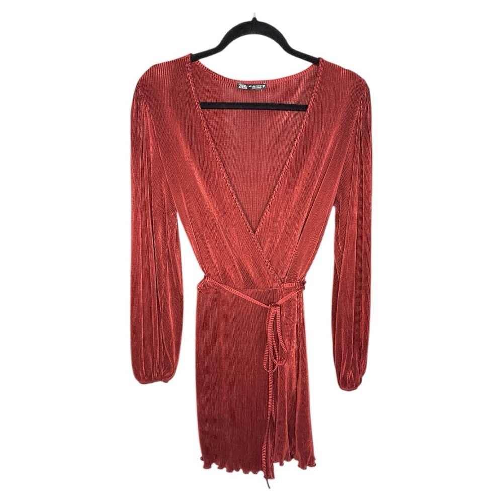 Zara Burgundy Ribbed Wrap Long Sleeve Dress size Small